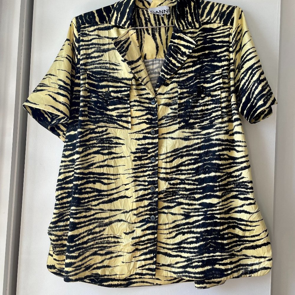 GANNI Yellow Zebra Print Satin Top